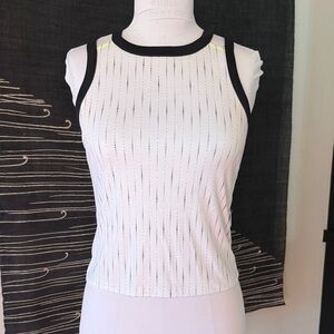 LUCKY IN LOVE Sleeveless Blk/White Tank Top with Black Trim and Neon Detailing